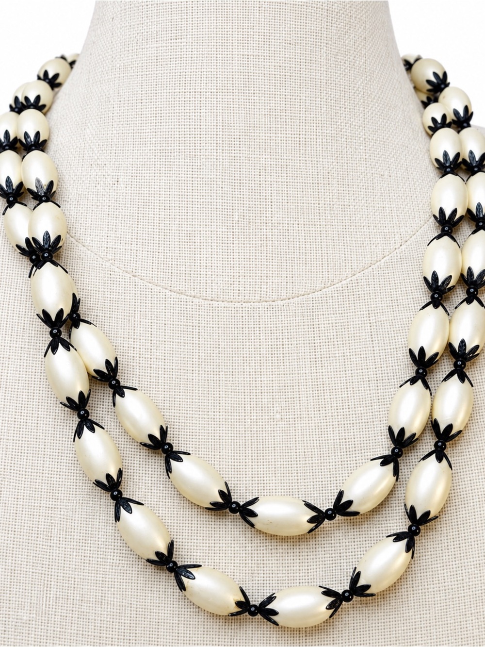 Vintage Double Strand Ivory Black Bead Necklace Removable Floral Brooch